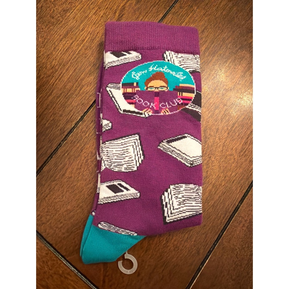Book Club Purple Crew Socks Literary Bookworm Print Teal Accent